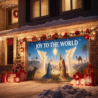 HOMETITUTE Christmas Garage Door Banner 13x6ft Joy to the World Nativity Scene Backdrop Banners for Outside Indoor Christmas Door Cover Garage Wall Covering for Party Garage Decorations