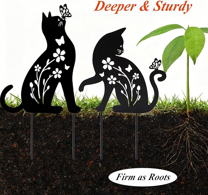 Ouddy Mode 2 Packs Cat Garden Decor for Outside, Cat Gifts for Women/Men/Mom/Grandma, Metal Decorative Garden Stakes for Outdoor Lawn Statues Yard Art