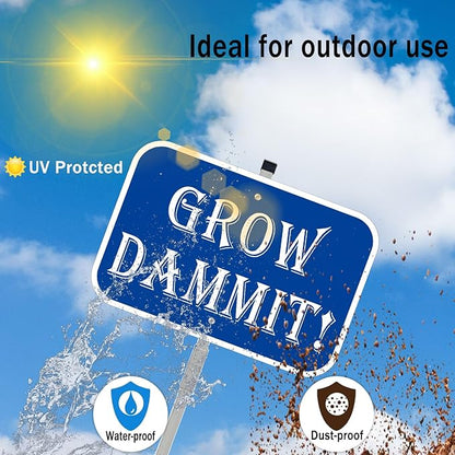Grow Dammit Garden Sign, 12 x 8 Inches, Blue Aluminum Sign with 28-Inch Stake, Funny Outdoor Garden Decor 1Pack