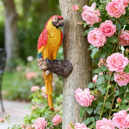 Tropical Parrot Statues Hanging Decor,13.6''(H) Wall Decor Parrot Sculpture for Home Porch Patio Door,Resin Scarlet Macaw Statue Outdoor Garden Yard Tree Art Ornaments