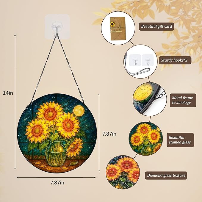 Stained Glass Window Hanging,Sunflower Sun Catchers Stained Glass Panels for Indoor Windows Wall Art Decor, Memorial Gift for Mom Women Wife Men Lovers (7.87inch)