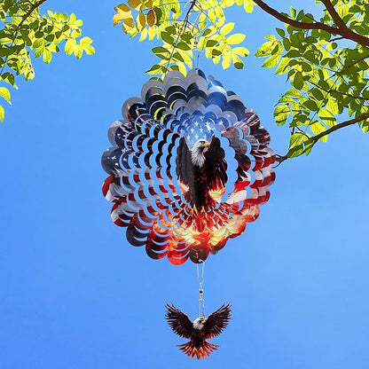 Rngmsi American Flag Eagle Hanging Wind Spinner Outdoor, 12 Inches 3D Stainless Steel Yard Decorations, 250th Anniversary Home Yard Art Gifts for Women