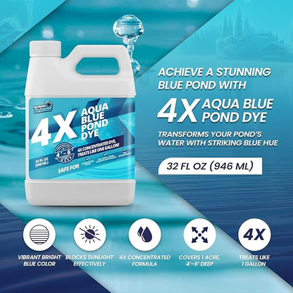 32oz Aqua Blue Pond Dye 4X Concentrate, Lake & Pond Dye Blue for Aqua Colored Water, Ideal Lake Colorant, Aquashade Colorant that Protects Against Sunlight - Ideal for Fish and Wildlife