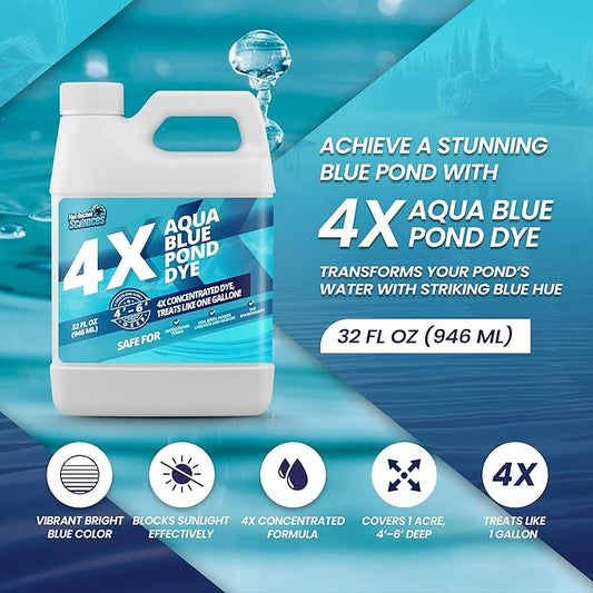 32oz Aqua Blue Pond Dye 4X Concentrate, Lake & Pond Dye Blue for Aqua Colored Water, Ideal Lake Colorant, Aquashade Colorant that Protects Against Sunlight - Ideal for Fish and Wildlife