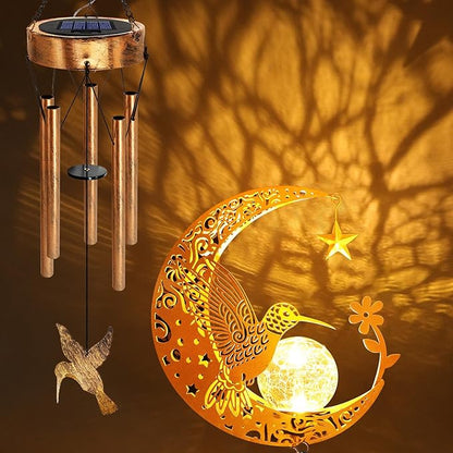 Solar Moon Hummingbird Wind Chimes, Hummingbird Gifts for Mom Women Men Birthday Mothers Day, Hanging Outdoor Decor Cracked Glass Ball Memorial Wind Chimes, Garden Patio Porch Decor