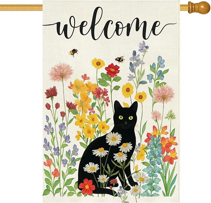 Baccessor Spring Summer Black Cat House Flag Double Sided 28x40 Inch Burlap,Floral Flowers Welcome Large Garden Flag Porch Patio Front Yard Seasonal Farmhouse Outside Outdoor Decor