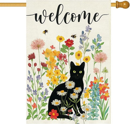 Baccessor Spring Summer Black Cat House Flag Double Sided 28x40 Inch Burlap,Floral Flowers Welcome Large Garden Flag Porch Patio Front Yard Seasonal Farmhouse Outside Outdoor Decor