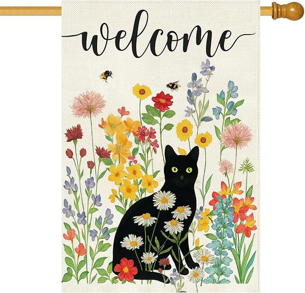 Baccessor Spring Summer Black Cat House Flag Double Sided 28x40 Inch Burlap,Floral Flowers Welcome Large Garden Flag Porch Patio Front Yard Seasonal Farmhouse Outside Outdoor Decor