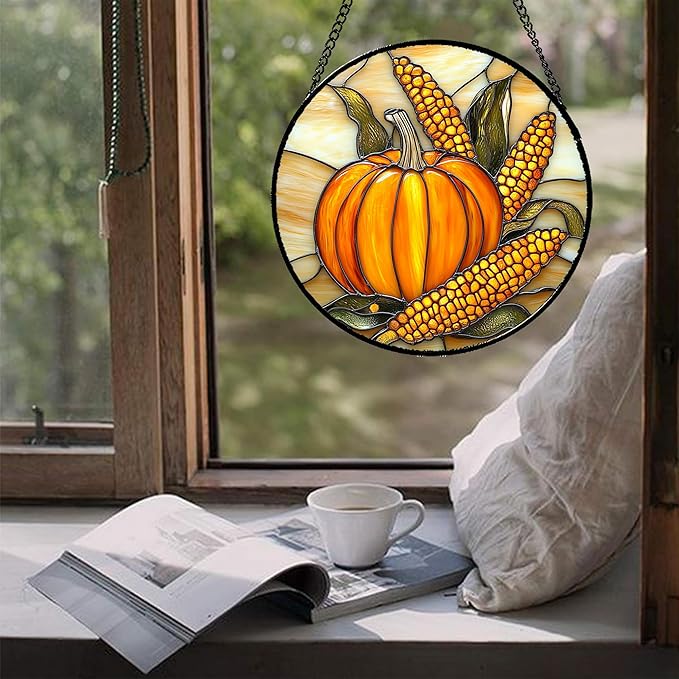 DASTOLL Stained Glass Window Hanging Autumn Harvest Pumpkin Corn 9.8" - Suncatcher Door Garden Kitchen Sunroom Sun Catcher Fall Home Decor Birthday for Mom Grandma Men Woman