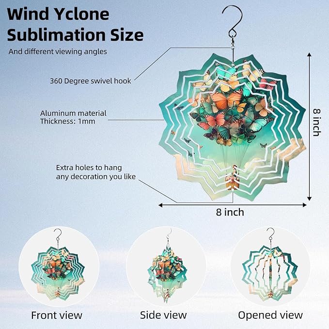 8 Inch Sublimation Wind Spinner, 3D Aluminum Metal Wind Spinner with Hook, Indoor Yard Garden Hanging Decoration, Weather Resistant Rotating Spiral Ornament, Butterfly Hot Air Balloon
