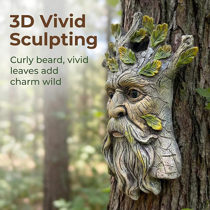 Blue Eye Leaf Tree Face Sculpture, Funny Blue Eye Leaf Old Man Tree Hugger Statue, Indoor & Outdoor Creative Props for Garden and Home,9" x 7" x 2.4"