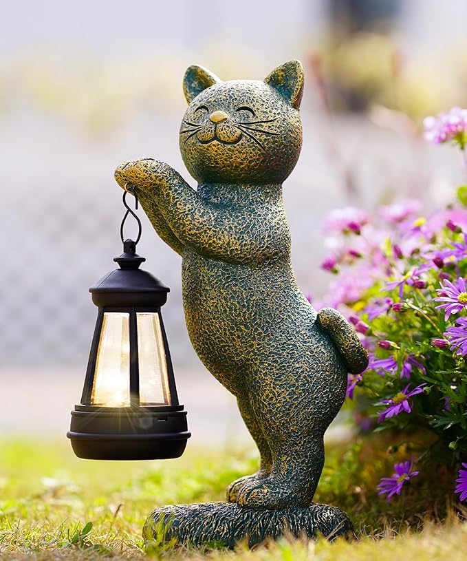 Nacome Christmas Cat Outdoor Statues for Garden: Outside Decor with Lantern Clearance for Yard Art Lawn Ornaments Porch Patio Balcony - Christmas Birthday Gifts for Mom Women Grandma