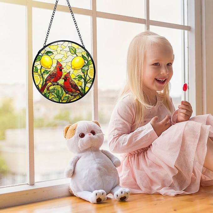 Lemon Cardinal Suncatchers Stained Glass Window Hanging, Lemon Kitchen Decor, Red Cardinal Sun Catchers Indoor Window Glass Round Wall Decor, Kitchen Mediterranean Wall Hanging, 7.9x7.9in