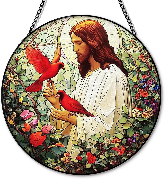 Jesus Cardinal Suncatcher Stained Glass Window Hanging, Christian Jesus Cardinal Flower Sun Catchers Indoor Window Glass Round Wall Decor, Religious Wall Art Hanging Decorations, 7.8＂x7.8＂