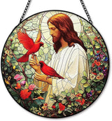 Jesus Cardinal Suncatcher Stained Glass Window Hanging, Christian Jesus Cardinal Flower Sun Catchers Indoor Window Glass Round Wall Decor, Religious Wall Art Hanging Decorations, 7.8＂x7.8＂