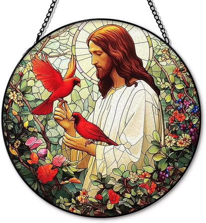 Jesus Cardinal Suncatcher Stained Glass Window Hanging, Christian Jesus Cardinal Flower Sun Catchers Indoor Window Glass Round Wall Decor, Religious Wall Art Hanging Decorations, 7.8＂x7.8＂