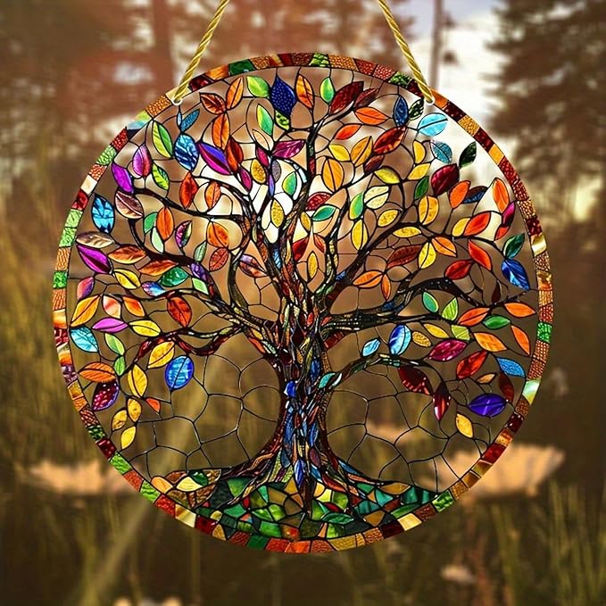 7.87 Inch Sun Catcher，Tree of Life Stained Glass Window Hanging，Acrylic Suncatchers Window Decorations for Indoor/Outdoor Garden Housewarming Gift for Mom