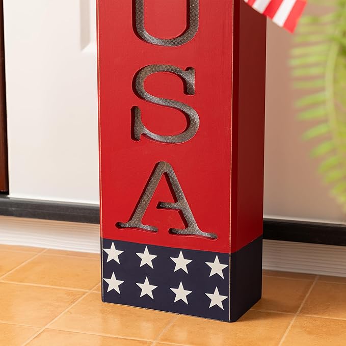 Glitzhome 24.75"H Wooden Patriotic Porch Sign, 4th of July Firecracker Decoration, Rustic Memorial Day Decor, American Flag Independence Day Yard Sign, Home Front Door Decoration