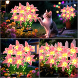 Solar Garden Lights 4 Pack 16 Pink Lily Flowers,Gifts for Mom Woman Birthday Outdoor Solar Flower Lights, Cemetery Flowers for Grave - Decorative Lilies for Yard, Patio, Pathway Decorations