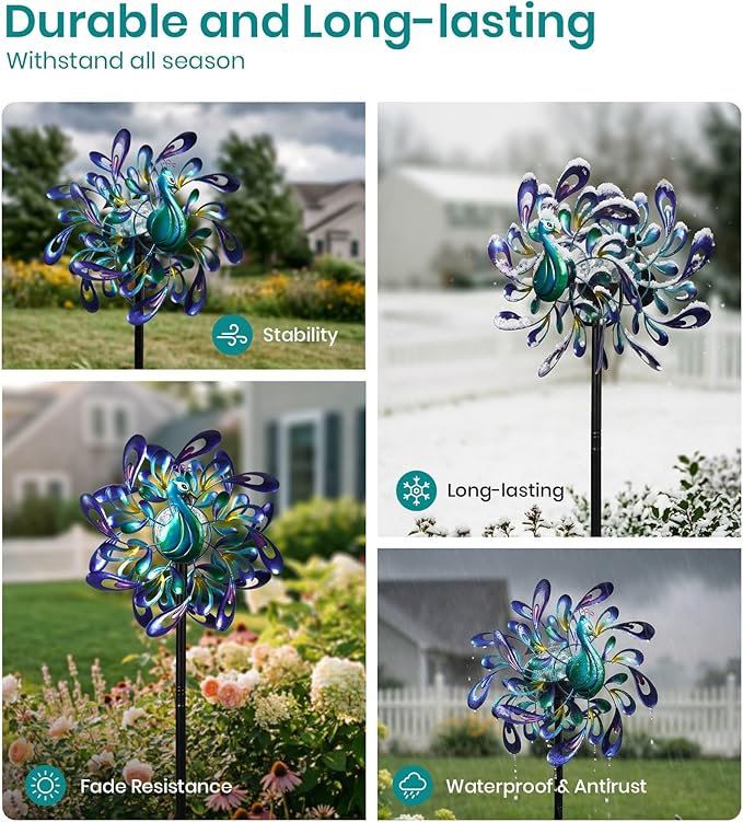 Peacock Wind Spinners Outdoor for Garden, Colorful Metal Kinetic Yard Art with Radial Motion, Decorative Outdoor Wind Sculpture for Lawn, Patio & Walkway