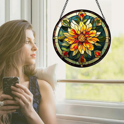 Stained Glass Window Hanging - Retro Yellow Flower Suncatcher for Door Garden Home Decor Dahlia Sun Catcher Christmas Birthday for Lovers Friend Women Mom Nana 7.8 in