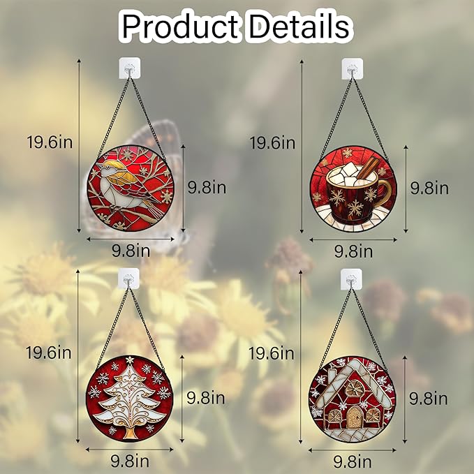 DASTOLL Stained Glass Window Hanging 4 Pcs Set Red Christmas Themed Decorations 9.8" - Suncatcher Door Garden Sun Catcher Decor Birthday New Year for Mom Woman Nana Men