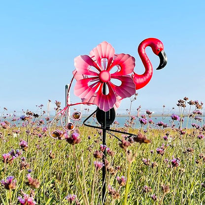 Solar Wind Spinner with Metal Sculpture Garden Stake Flamingo Decor Multi-Color LED Lights for Outdoor Yard Lawn & Garden Decoration