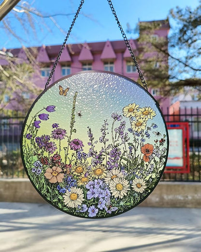 Stained Glass Window Hanging Suncatcher - 20cm Wildflower Meadow Sun Catchers for Windows Doors Home Decor - Nana Grandma Women Gifts for Mother's Day Birthday