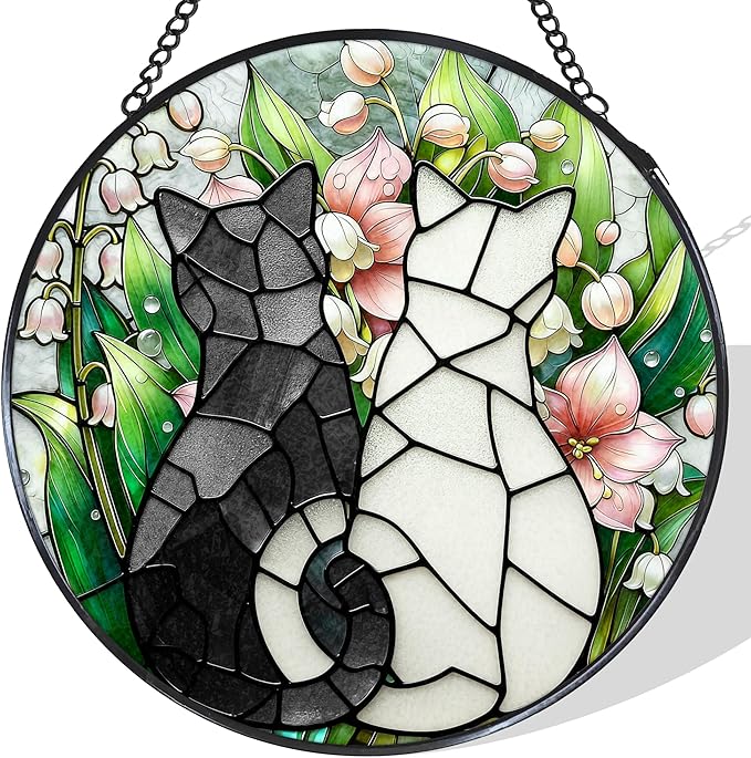 Black White Cats Stained Glass Window Hanging Suncatcher Gifts for Cat Lovers, Lily of The Valley Flower Sun Catcher Indoor Decor, Cat Plant Painted Glass Hanging Decorations, 7.8x7.8 in