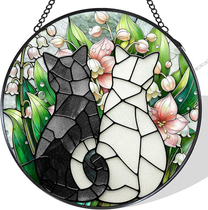 Black White Cats Stained Glass Window Hanging Suncatcher Gifts for Cat Lovers, Lily of The Valley Flower Sun Catcher Indoor Decor, Cat Plant Painted Glass Hanging Decorations, 7.8x7.8 in