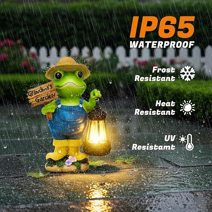 Frog Garden Statue with Solar Light, Gardener Frog Decoration with Solar Lantern Light for Home, Outdoor, Garden, Patio and Yard Decor, Best Gifts for Mom/Grandma, Grandma's Garden
