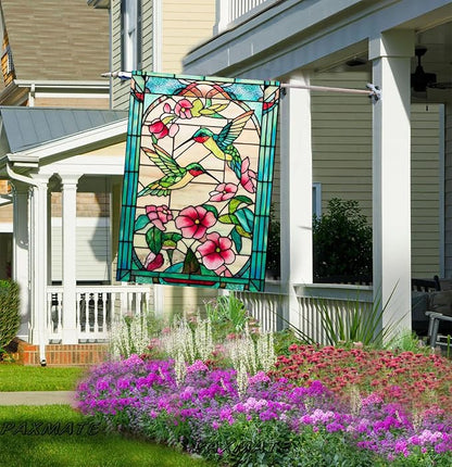 Spring Summer Hummingbird House Flag 28x40 Inch Double Sided, Stained Glass Floral Outdoor Flag Colorful Flower Large Yard Flag Seasonal Lawn Porch Farmhouse Decor