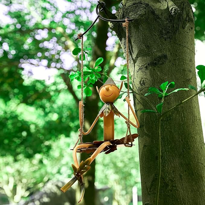 Christmas Elf on Swing Metal Sculpture – Garden & indoor Festive Elf Yard Art for Indoor & Outdoor Décor, Holiday Hanging Lawn Ornament for Mantel, Patio, Charming Christmas Elf Gift Statue Decoration