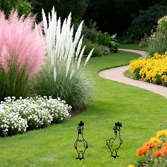 GLOBLELAND 2pcs Cute Cartoon Chicken Mental Garden Stakes Black Silhouette Chickens Decorative Yard Stakes Trees Metal Outdoor Art Decor for Yard Patio Lawn Walkway Ornament