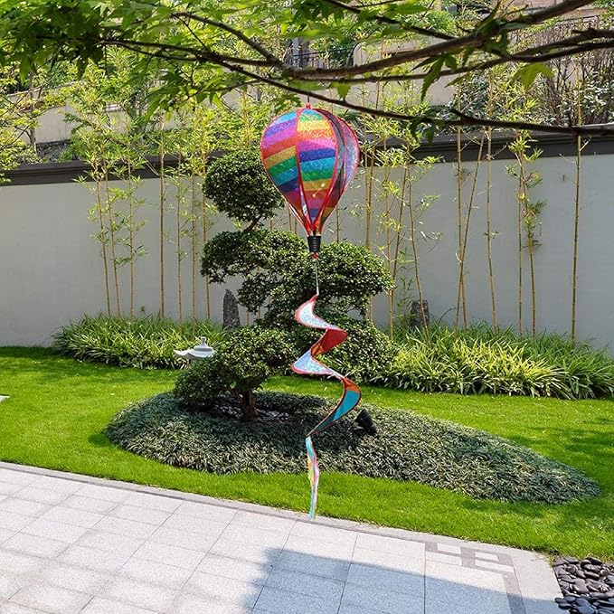 ASkinds 2Pcs Hot Air Balloon Wind Spinner Rainbow Whirl Hanging Ornament Spinning Balloon Windmill Toy Set for Outdoor Garden Patio Yard Home Decoration