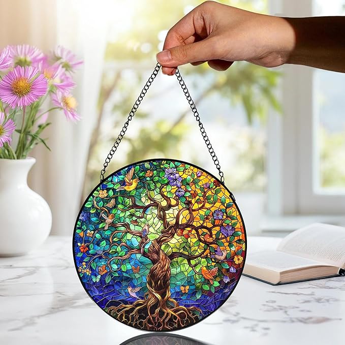 Tree of Life Stained Glass Window Hanging, Tree of Life Decor Suncatchers Sun Catchers Indoor Window Glass Wall Art Decorations, Nature Bird Flower Trees Wall Hanging Decor, 7.9x7.9in,Patio