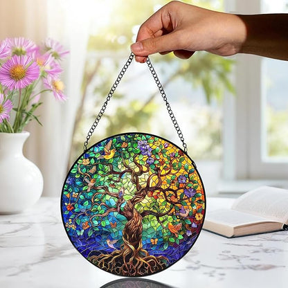 Tree of Life Stained Glass Window Hanging, Tree of Life Decor Suncatchers Sun Catchers Indoor Window Glass Wall Art Decorations, Nature Bird Flower Trees Wall Hanging Decor, 7.9x7.9in,Patio