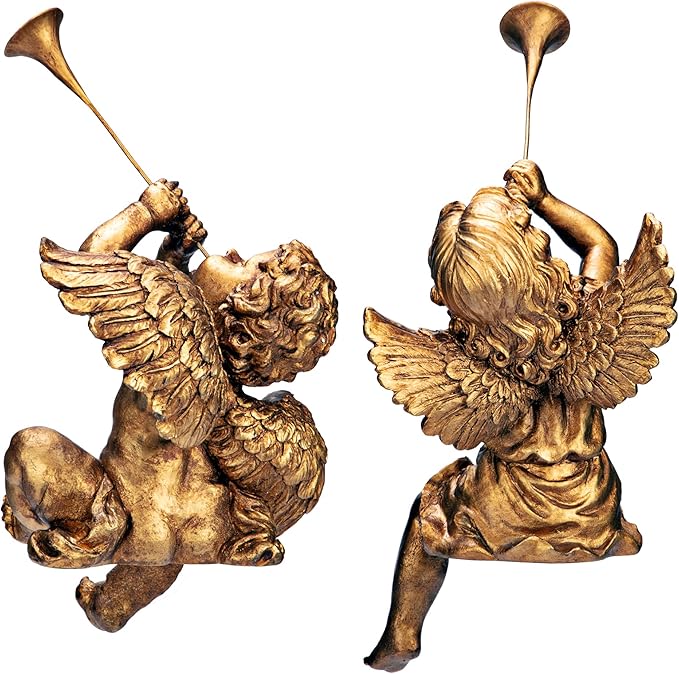 Design Toscano JE930801 Trumpeting Angels of Peter's Square Holiday Statue Ornaments, Set of Two, Boy & Girl, 7 inches Wide, 13 inches Tall, Handcast Polyresin, Antique Gold Finish