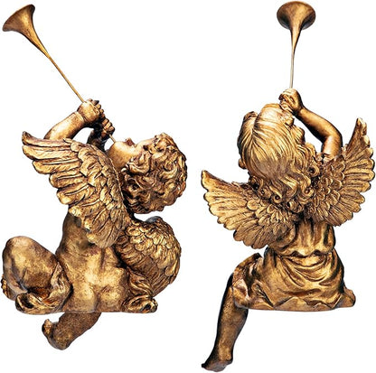 Design Toscano JE930801 Trumpeting Angels of Peter's Square Holiday Statue Ornaments, Set of Two, Boy & Girl, 7 inches Wide, 13 inches Tall, Handcast Polyresin, Antique Gold Finish