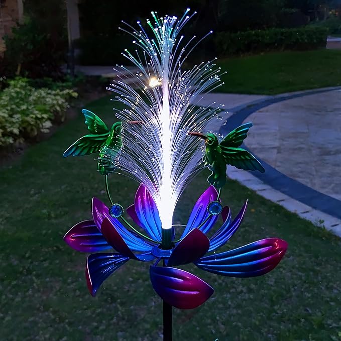 Solar Hummingbird Wind Spinners, Solar Firework Lights Garden Décor, Metal Lotus Flower Windmill Colour Changing Optical Fiber Lights Yard Decoration, Outdoor Wind Sculpture for Lawn Patio,Balcony