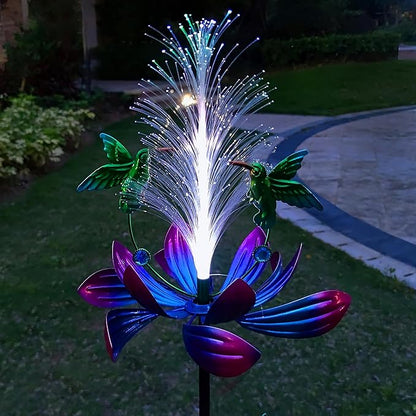 Solar Hummingbird Wind Spinners, Solar Firework Lights Garden Décor, Metal Lotus Flower Windmill Colour Changing Optical Fiber Lights Yard Decoration, Outdoor Wind Sculpture for Lawn Patio,Balcony