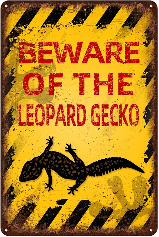 Vintage Leopard Gecko Metal Sign Beware of Leopard Gecko Aluminum Sign Funny Beware Animal Decor 12"x8" Inch