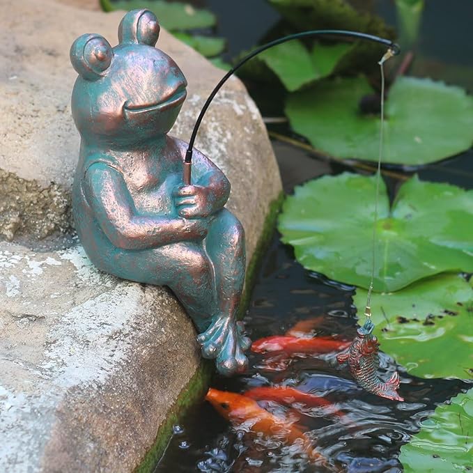 Antique Copper Fishing Frog Statue - Outdoor Garden Statue & Koi Pond Decor