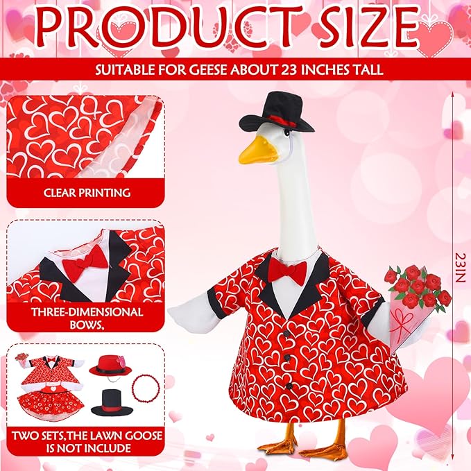 Abbylike 2 Sets Wedding Porch Goose Outfits Red Heart Porch Yard Goose Outfits Clothes Costume Fits Large 23'' Cement for Valentine's Day Garden Yard Statue Pathway Decorations