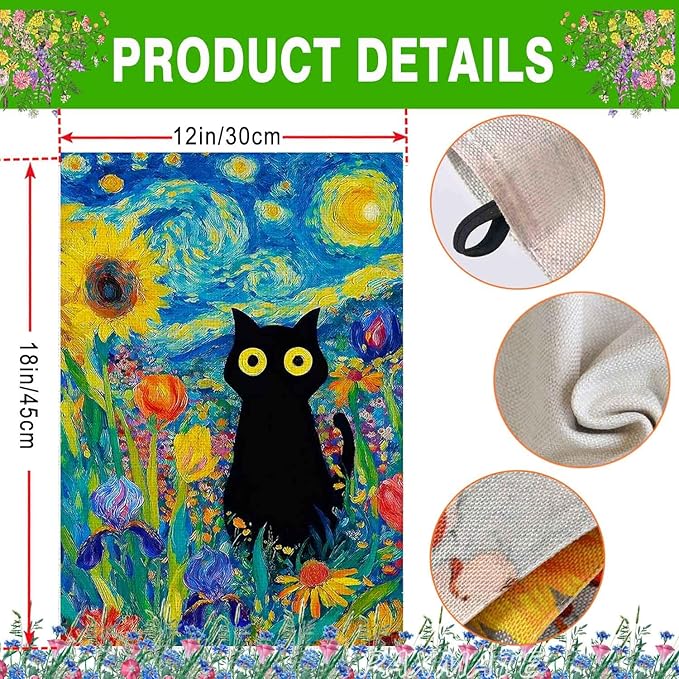 Oil Painting Starry Night Sky Moon Cat Flowers Spring Garden Flag 12x18 Inch Double Sided Small Burlap Yard Flag Seasonal Farmhouse Outdoor Outside Holiday Decoration