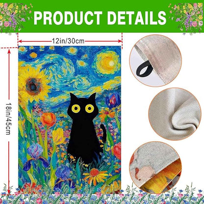 Oil Painting Starry Night Sky Moon Cat Flowers Spring Garden Flag 12x18 Inch Double Sided Small Burlap Yard Flag Seasonal Farmhouse Outdoor Outside Holiday Decoration