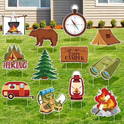 Amyhill 12 Pcs Spring Camping Yard Signs Decoration Happy Camper Decorations for Outdoor with Stakes Waterproof Decor Adventure for Summer Festive Holiday Party Patio Lawn Walkway Decorations