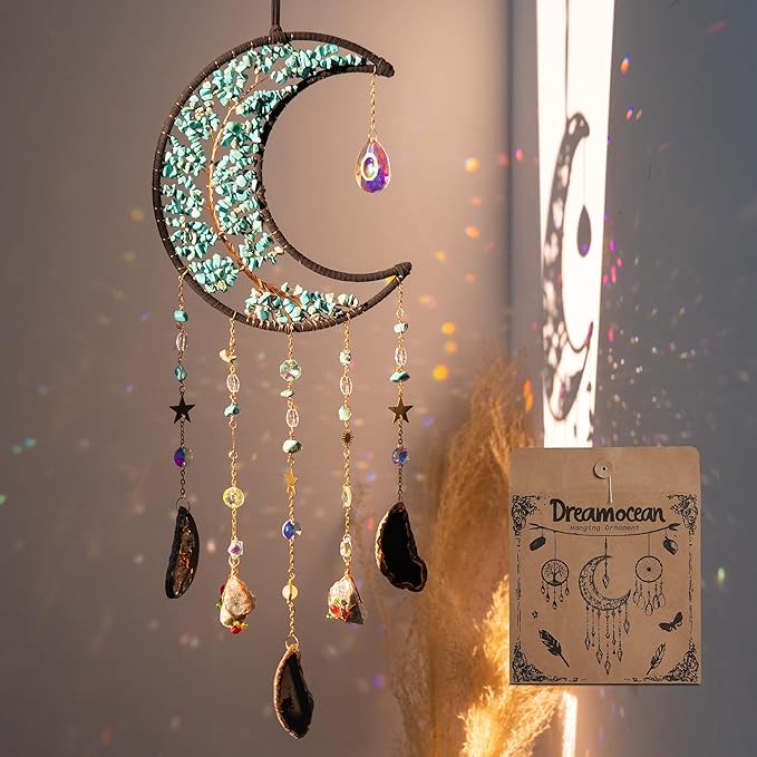 Crystal Wind Chimes，Moon Tree of Life Suncatchers for Windows Hanging Decoration Crystal Suncatcher Hainging Window Wall Room Decor Gifts for Adults Girls