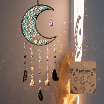 Crystal Wind Chimes，Moon Tree of Life Suncatchers for Windows Hanging Decoration Crystal Suncatcher Hainging Window Wall Room Decor Gifts for Adults Girls