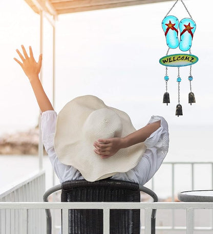 CoTa Global Welcome Flip-Flop Hanging Wind Chimes - Aqua Nautical Wind Chimes for Outside, Sea Glass Art Glass Wind Chimes for Outdoors and Indoors, Perfect Sea Glass Decor for Garden Decoration Art